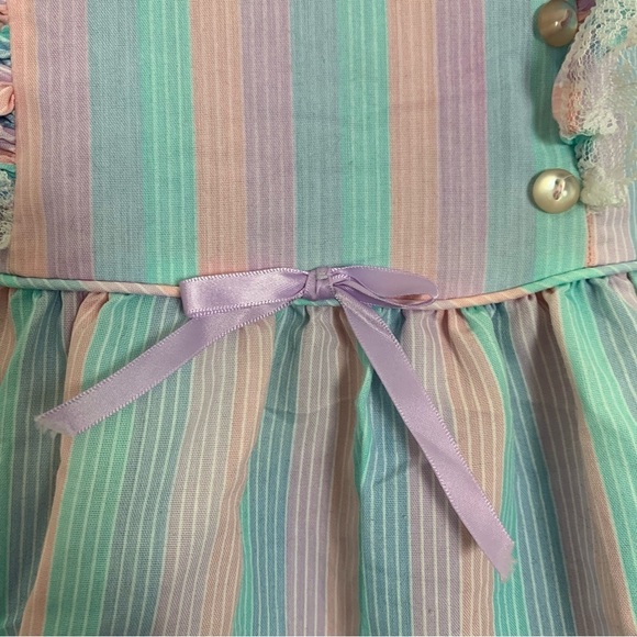 Vintage Toddler Girl Rainbow Stripe Dress 2T Lace Buttons Ribbon Kawaii Bow Cute - Picture 11 of 15